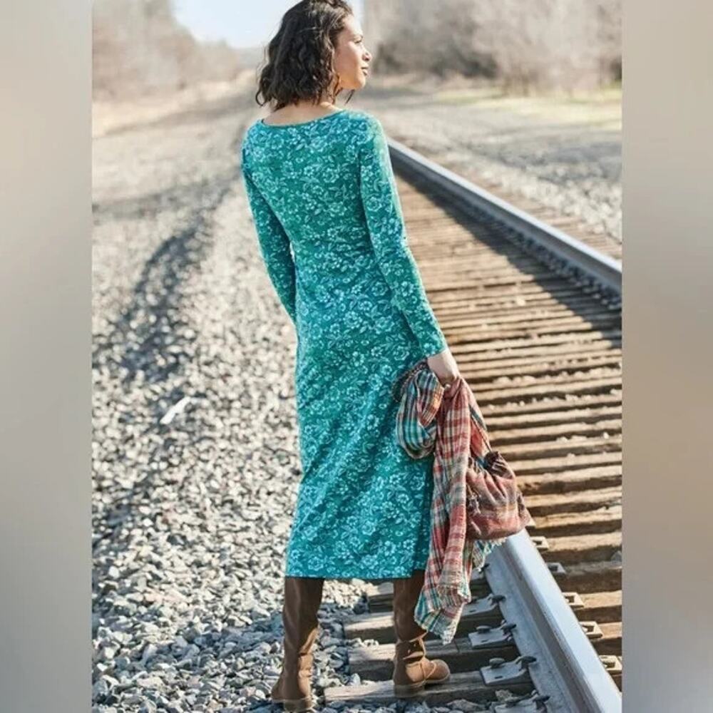 Peruvian Connection Floriana Midi Dress Long Sleeve Floral Blue Green Medium - Picture 3 of 11